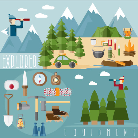 flat design banners of explorer with spyglasses and elements of hike and adventureのイラスト素材