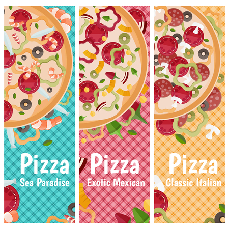 Set of banners for theme pizza with different tastes flat design. Vector illustrationのイラスト素材