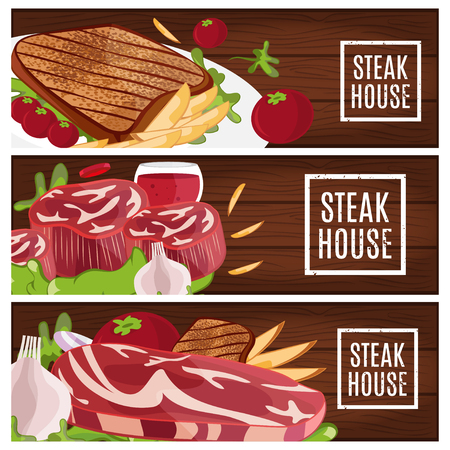 Set of banners for theme steak house with steak,fries,wine. Vector illustrationのイラスト素材
