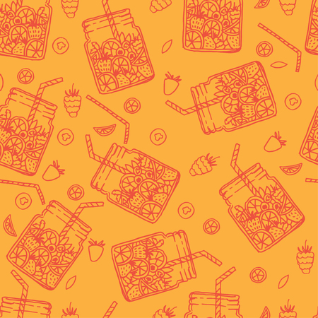 Hand drawn seamless pattern with fruit water in mason jar with berries. Vector illustrationのイラスト素材