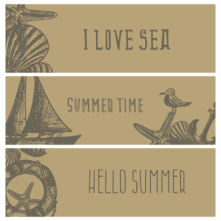 Set of hand drawn sea themed banners. Seagull,lighthouse,shell,boat. Vector illustration. Design template for greeting cards etc.のイラスト素材