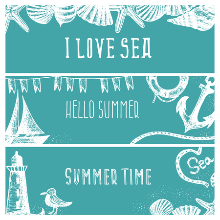 Set of hand drawn sea themed banners. Seagull,lighthouse,shell,boat. Vector illustration. Design template for greeting cards etc.のイラスト素材