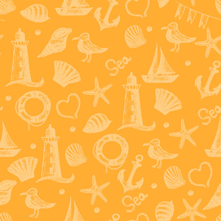 Seamless pattern hand drawn sea themed objects. Seagull,lighthouse,shell,boat. Vector illustration. Design template for greeting cards,tissue, wrapping paper etc.のイラスト素材