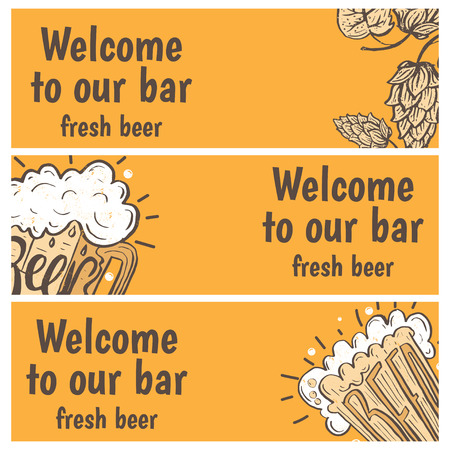 Hand drawn banners with beer in glass mug with text Beer and hops. Vector illustrationのイラスト素材
