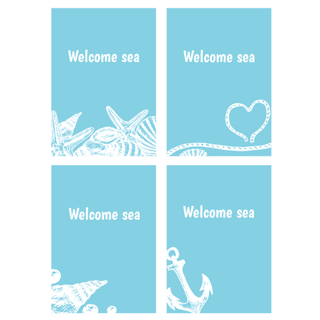 Hand drawn flyers with sings on theme sea. Vector illustrationのイラスト素材