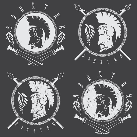 spartan warrior with spears ,swords and shield vintage labels vector setのイラスト素材