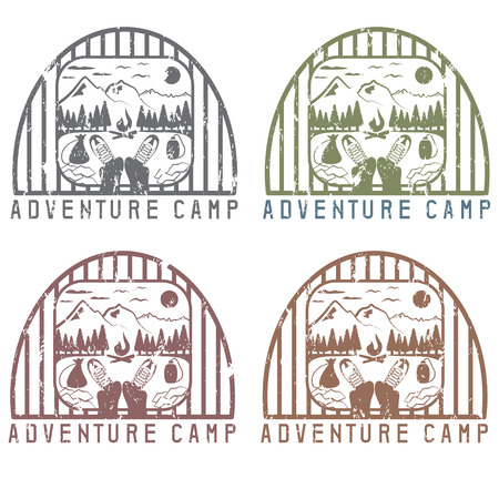 adventure camp with elements of hiking and boots vintage grunge labels setのイラスト素材