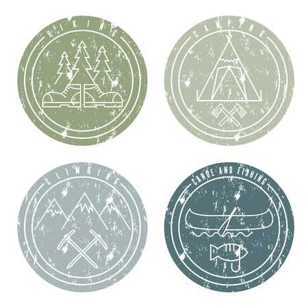 line art grunge labels with canoe,camping,climbing and hikingのイラスト素材