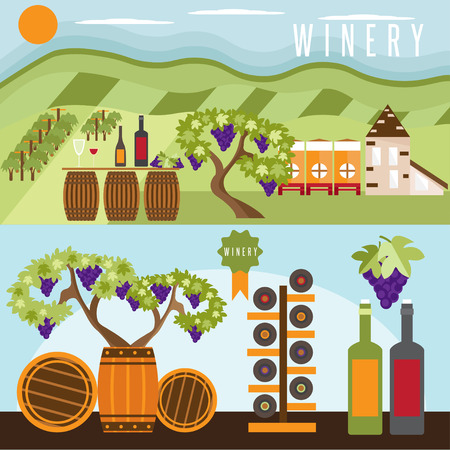 flat design set of landscape with winery , vineyard , barrels and bottles of wineのイラスト素材