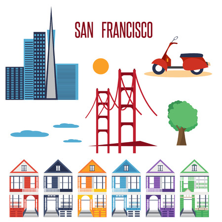 A set of images on the theme of the city of San Francisco, home, bridge, trees, bike. Vector illustrationのイラスト素材