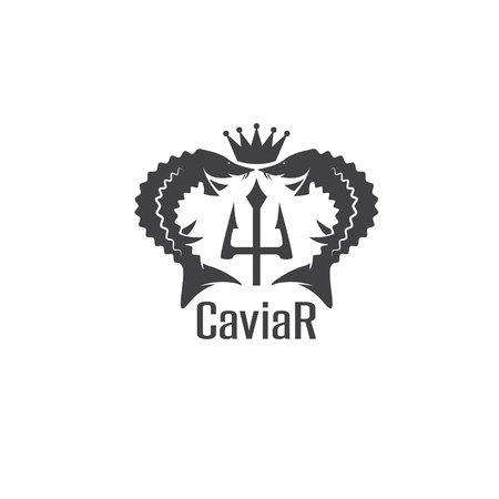 caviar vector emblem with sturgeons , crown and tridentのイラスト素材