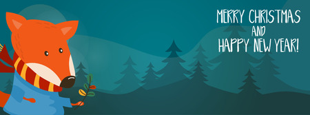 Cartoon illustration banner for holiday theme with fox on winter background. Greeting card for Merry Christmas and Happy New Year. Vector illustrationのイラスト素材