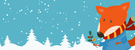 Cartoon illustration banner for holiday theme with fox on winter background. Greeting card for Merry Christmas and Happy New Year. Vector illustrationのイラスト素材