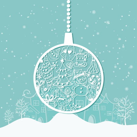 Cartoon illustration for holiday theme with christmas tree ball on winter background. Greeting card for Merry Christmas and Happy New Year. Vector illustrationのイラスト素材