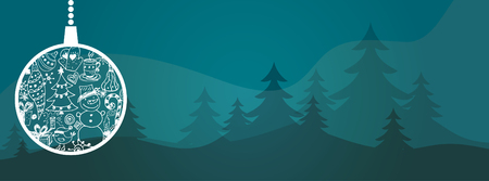 Cartoon illustration banner for holiday theme with christmas tree ball on winter background. Greeting card for Merry Christmas and Happy New Year. Vector illustrationのイラスト素材