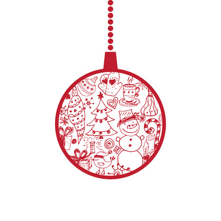 Cartoon illustration for holiday theme with christmas tree ball on winter background. Greeting card for Merry Christmas and Happy New Year. Vector illustrationのイラスト素材