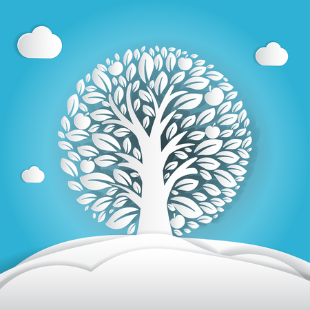 Paper art illustration of apple tree in circle. Vector designのイラスト素材