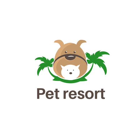 Template logo design with dog,cat  and palm trees for pet resort theme. Vector illustrationのイラスト素材