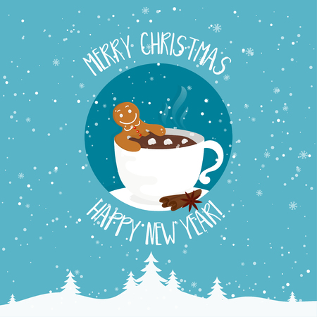 Funny cartoon illustration with gingerbread man in cup of hot chocolate. For holiday theme  on winter background. Greeting card for Merry Christmas and Happy New Year. Vector illustrationのイラスト素材