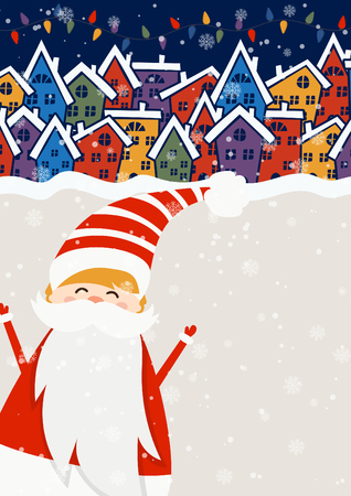 Cartoon illustration for holiday theme with Santa Claus on winter background. Greeting card for Merry Christmas and Happy New Year. Vector illustrationのイラスト素材