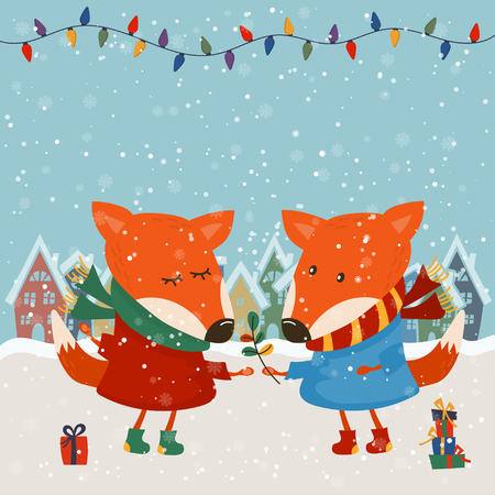 Cartoon illustration for holiday theme with two foxes on winter background. Greeting card for Merry Christmas and Happy New Year. Vector illustrationのイラスト素材