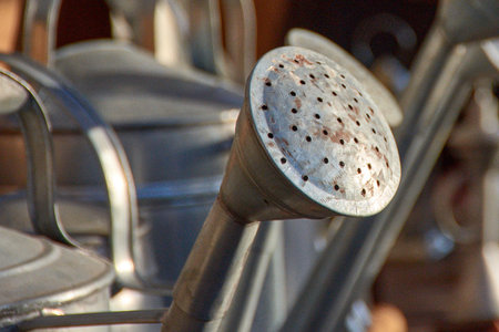 Closeup of the spout of an old metal watering can with the background out of focus