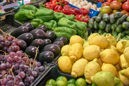 Closeup of grapes, lemons, eggplant, mushrooms, pepper, cucumber, tomato at a vegetable stall of the...