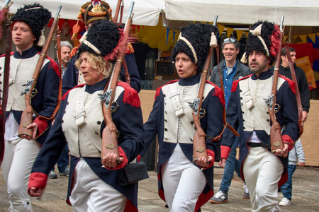Vigo, Pontevedra, Spain; April 7, 2024; the reconquest of Vigo against the French in the old town of Vigo. French troops patrol the city of Vigo after having conquered itのeditorial素材