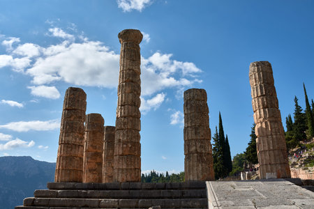 Temple of Apollo at Delphi, an archaeological site in Greece, on Mount Parnassus. Delphi is famous...