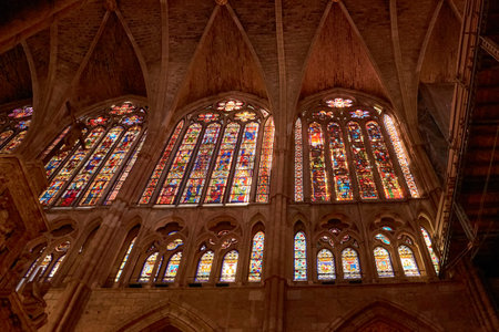 Leon, Spain; September,11,2022: Medieval glasswork in the Cathedral of Leon. Lion. Spainのeditorial素材