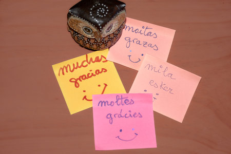 This image showcases four colorful notes expressing gratitude in Spain's four official languages: Castilian, Galician, Catalan, and Basque. Each note reflects the rich linguistic diversity of Spain, symbolizing unity in diversity. The bright colors of the notes against a simple background highlight the messages, making it a perfect visual for Thank You Day.の写真素材