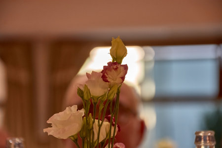 Beautiful white and pink flowers in a table centerpiece with a soft, blurred background.の写真素材