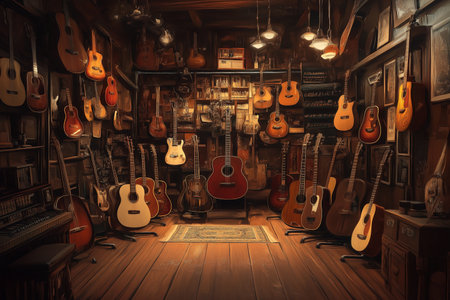 This image was generated with AI. The photograph features a lively guitar shop with an impressive assortment of guitars displayed on shelves. Acoustic, electric, and classical guitars hang in perfect order, creating a visually appealing and colorful scene. The composition captures the essence of music, craftsmanship, and passion, making it perfect for themes related to International Guitar Month, creativity, and the art of music.の素材