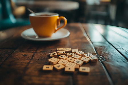 This image was generated with AI. The photo showcases a cozy scene of a steaming cup of coffee placed on a beautifully textured marble table, accompanied by scattered Scrabble tiles. The setup evokes a warm, creative, and relaxing atmosphere, perfect for celebrating National Scrabble Day or highlighting moments of leisure and wordplay.の素材