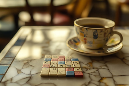 This image was generated with AI. The photo showcases a cozy scene of a steaming cup of coffee placed on a beautifully textured marble table, accompanied by scattered Scrabble tiles. The setup evokes a warm, creative, and relaxing atmosphere, perfect for celebrating National Scrabble Day or highlighting moments of leisure and wordplay.の素材
