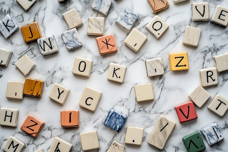 This image was generated with AI. The photo highlights a playful arrangement of colorful Scrabble tiles scattered across a polished marble table. The vibrant hues of the wooden tiles create a striking contrast against the clean and elegant marble surface, celebrating the joy of word games and creativity. Perfect for National Scrabble Day or projects emphasizing games, education, or leisure.の素材