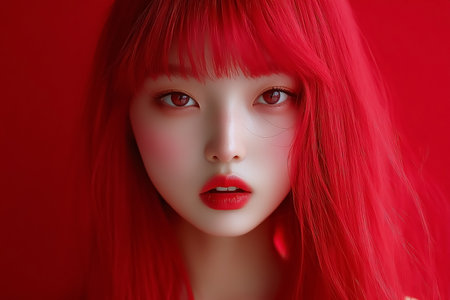 This image was generated with AI. A captivating close-up portrait of a Chinese model with striking red hair, matching red dress, and an intense monochromatic red background. The high-fashion aesthetic emphasizes bold beauty trends, with glossy red lips enhancing the overall dramatic look. The sleek hair, flawless complexion, and confident gaze make this image perfect for editorial use, luxury branding, beauty campaigns, or artistic projects. The seamless color harmony creates a visually impactful and modern composition.の素材