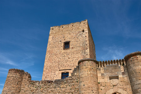 The robust keep of Pedraza castle, built of stone in earthy tones, rises majestically against a clear blue sky, flanked by sections of the wall and circular turrets. The composition, with a low angle emphasizing the height and solidity of the building, captures the historical essence and grandeur of the fortress, ideal for projects related to travel, history, architecture, or cultural heritage.の写真素材