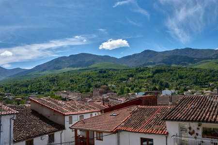 The Church of San Juan Bautista in Hervas rises among a sea of ââreddish tiled roofs, highlighting its traditional architecture and its bell tower, partially hidden by vegetation. The village's surroundings blend with the lush mountain range covered in trees in various shades of green, which rise majestically in the background under a blue sky with a few clouds. The composition offers an elevated view that combines the village's rural charm with the natural beauty of its mountainous surroundings. This image is ideal for projects related to rural tourism, traditional architecture, or life in mountain villages in Spainの写真素材