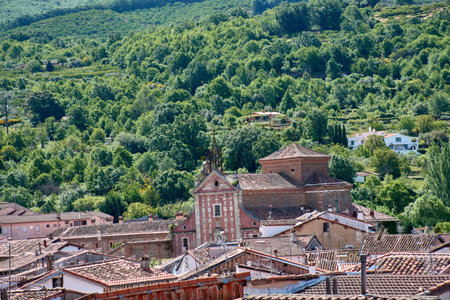 The Church of San Juan Bautista in Hervas rises among a sea of ââreddish tiled roofs, highlighting its traditional architecture and its bell tower, partially hidden by vegetation. The village's surroundings blend with the lush mountain range covered in trees in various shades of green, which rise majestically in the background under a blue sky with a few clouds. The composition offers an elevated view that combines the village's rural charm with the natural beauty of its mountainous surroundings. This image is ideal for projects related to rural tourism, traditional architecture, or life in mountain villages in Spainの写真素材