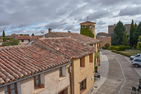 The houses in the medieval village of Uruena in Valladolid stand out for their old tiled roofs and warm-toned facades, with a historic tower covered in vegetation in the background and well-kept gardens surrounding them. The cloudy sky provides a nostalgic and tranquil atmosphere, contrasting with the joy of the earthy colors. This type of image is ideal for illustrating concepts of heritage, rural tourism, peaceful living, and traditional Spanish architectureの写真素材