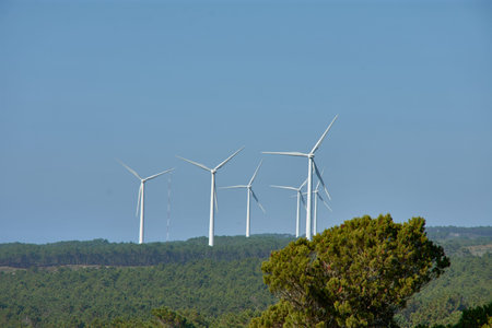 On the hills near Nazare beach, several wind turbines stand out against the green landscape and blue...