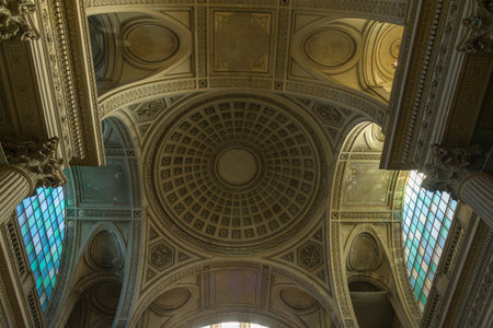 The interior of the Paris Pantheon features imposing neoclassical architecture, dominated by...