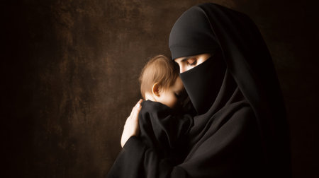 A Muslim mother wearing a niqab holds her child in an intimate embrace, both with their eyes closed in a gesture of calm and protection. The dark background and soft light enhance the emotional atmosphere, highlighting the bond and cultural dignity. Ideal for editorial, social, and cultural content on motherhood, identity, coexistence, and contemporary portraits.の素材