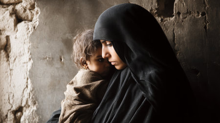 A Muslim mother wearing a niqab holds her child in an intimate embrace, both with their eyes closed in a gesture of calm and protection. The dark background and soft light enhance the emotional atmosphere, highlighting the bond and cultural dignity. Ideal for editorial, social, and cultural content on motherhood, identity, coexistence, and contemporary portraits.の素材