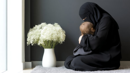 A Muslim mother wearing a niqab holds her child in an intimate embrace, both with their eyes closed in a gesture of calm and protection. The dark background and soft light enhance the emotional atmosphere, highlighting the bond and cultural dignity. Ideal for editorial, social, and cultural content on motherhood, identity, coexistence, and contemporary portraits.の素材