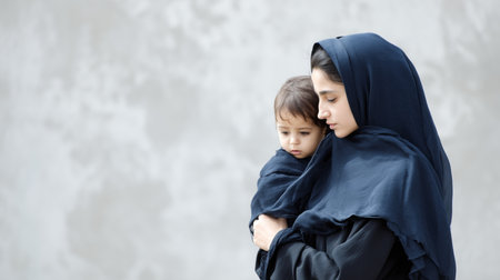 A Muslim mother wearing a niqab holds her child in an intimate embrace, both with their eyes closed in a gesture of calm and protection. The dark background and soft light enhance the emotional atmosphere, highlighting the bond and cultural dignity. Ideal for editorial, social, and cultural content on motherhood, identity, coexistence, and contemporary portraits.の素材