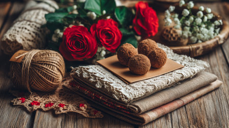 This image was generated using AI.Various gifts decorated with kraft paper, Lace, rustic twine, and dried flowers are arranged on a wooden surface in a warm, handcrafted composition. The scene evokes romance, detail, and tradition, ideal for depicting intimate celebrations like Valentine's Day. The use of natural materials and soft tones reinforces the emotional and aesthetic character of the image. Perfect for editorial, commercial, and cultural content about love, crafts, and festivitiesの素材