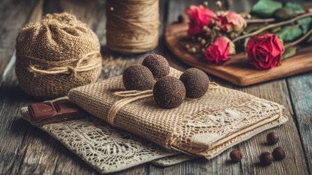 This image was generated using AI.Various gifts decorated with kraft paper, Lace, rustic twine, and dried flowers are arranged on a wooden surface in a warm, handcrafted composition. The scene evokes romance, detail, and tradition, ideal for depicting intimate celebrations like Valentine's Day. The use of natural materials and soft tones reinforces the emotional and aesthetic character of the image. Perfect for editorial, commercial, and cultural content about love, crafts, and festivitiesの素材