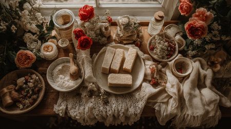 This image was generated using AI.Various gifts decorated with kraft paper, Lace, rustic twine, and dried flowers are arranged on a wooden surface in a warm, handcrafted composition. The scene evokes romance, detail, and tradition, ideal for depicting intimate celebrations like Valentine's Day. The use of natural materials and soft tones reinforces the emotional and aesthetic character of the image. Perfect for editorial, commercial, and cultural content about love, crafts, and festivitiesの素材